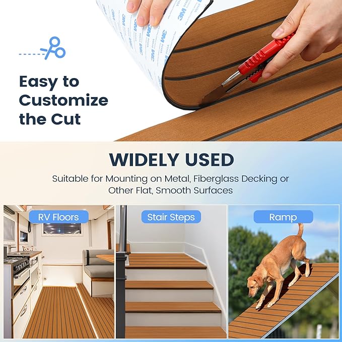 Boat Flooring EVA Foam Boat Decking Faux Teak Marine Flooring Boat Sea Deck Flooring for Yacht, Motorboat, RV, Kayak and Swimming Pool Outdoorfun Easy Customized Cutting