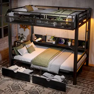 Twin over Twin Bunk Bed with Storage Shelves and Drawers,Multifunctional Metal Bunk Beds with USB Ports and LED Lights, Lower Bed that can be converted into a sofa, Black