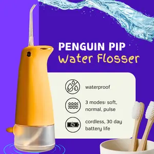 Penguin Pip Kids' Premium Water Dental Flosser Cordless for Teeth, 3 Modes Dental Oral Irrigator, Soft Normal Pulse, Beginners, Braces, Robust Antislip IPX7 Waterproof Powerful Battery Life Water Pick