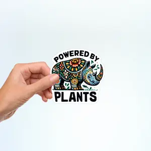 Powered By Plants Rhino Sticker - 3 Inch Waterproof Vinyl, Bold Reminder of Plant-Based Strength, Dishwasher Safe, Ideal for Indoor & Outdoor Use
