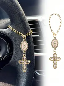 Virgin Mary Pendant Steering Wheel Decor, Catholic Cross Keychain, Car Key Accessory, Adjustable Chain, Car Interior Decoration, Unique Christian Gift