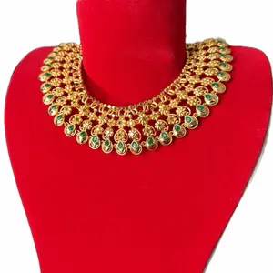 Good Tone Short Mini Necklace for Women with Elegant Gold Plated Design and Green Gemstone Accents