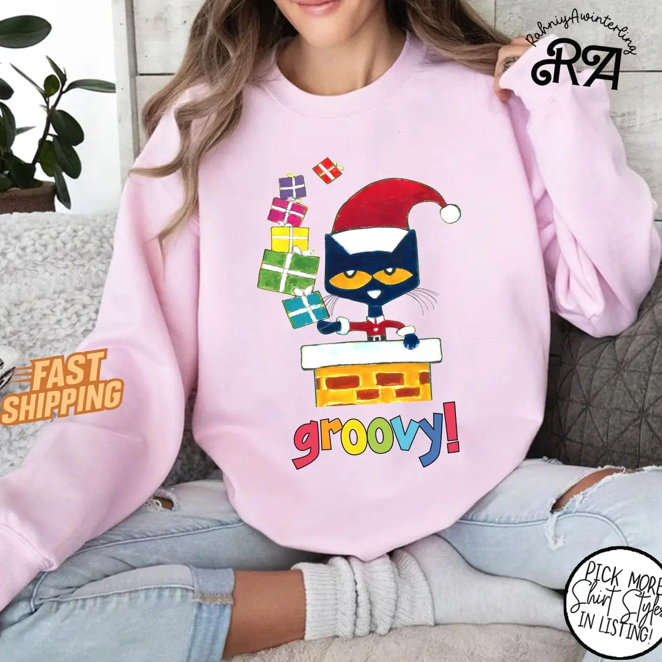 Pete the Cat Groovy Christmas Sweatshirt, Funny Santa Cat Pullover, Cute Holiday Gift Shirt, Cozy Winter Graphic Xmas Top I