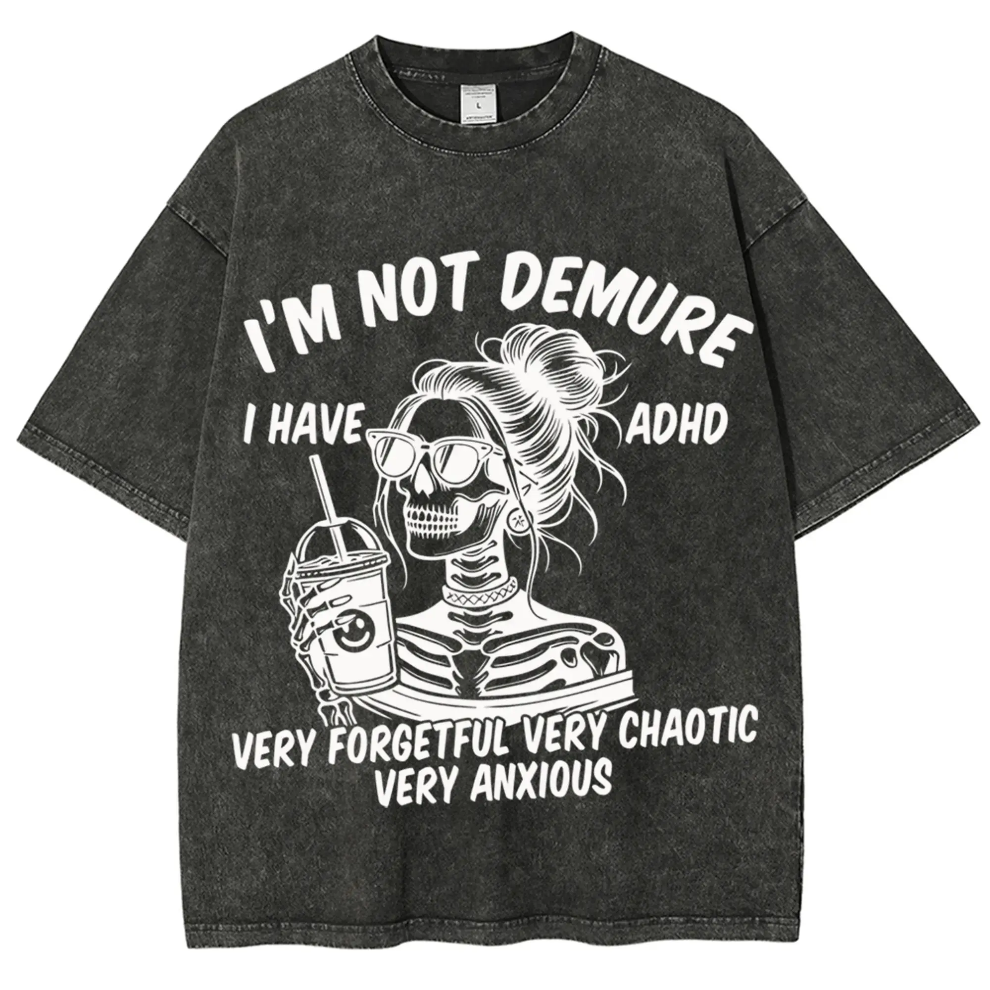 Women's Casual Short-Sleeve Round Neck T-Shirt - ADHD Skeleton Bone Graphic, "I’m Not Demure" Print, Forgetful Chaotic Energy Anxious Relatable Vibe, Mental Health Graphic Top, Father's Day Gift t0413