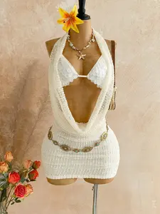 Women’s Crochet Halter Mini Dress – Plunging Neck Backless Beach Cover Up, Boho Vacation Outfit