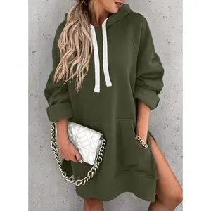 2025 Autumn and Winter New Women's Solid Color Hooded Mid-Length Sweatshirt