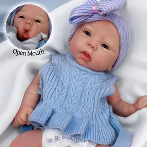 Otarddolls 18 Inch Full Silicone Girl Doll Can Open Mouth Hand Painted Skin Dress In Blue Sweater Cute Soft Waterproof Silicone Reborn Doll Perfect As A Christmas Gift