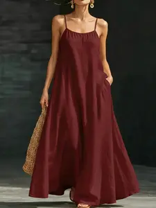 French Minimalist Loose Strap Sleeveless Dress, Summer Beach Vacation Style, Casual Fashion Elegant Long Dress, Perfect for Relaxing and Playing