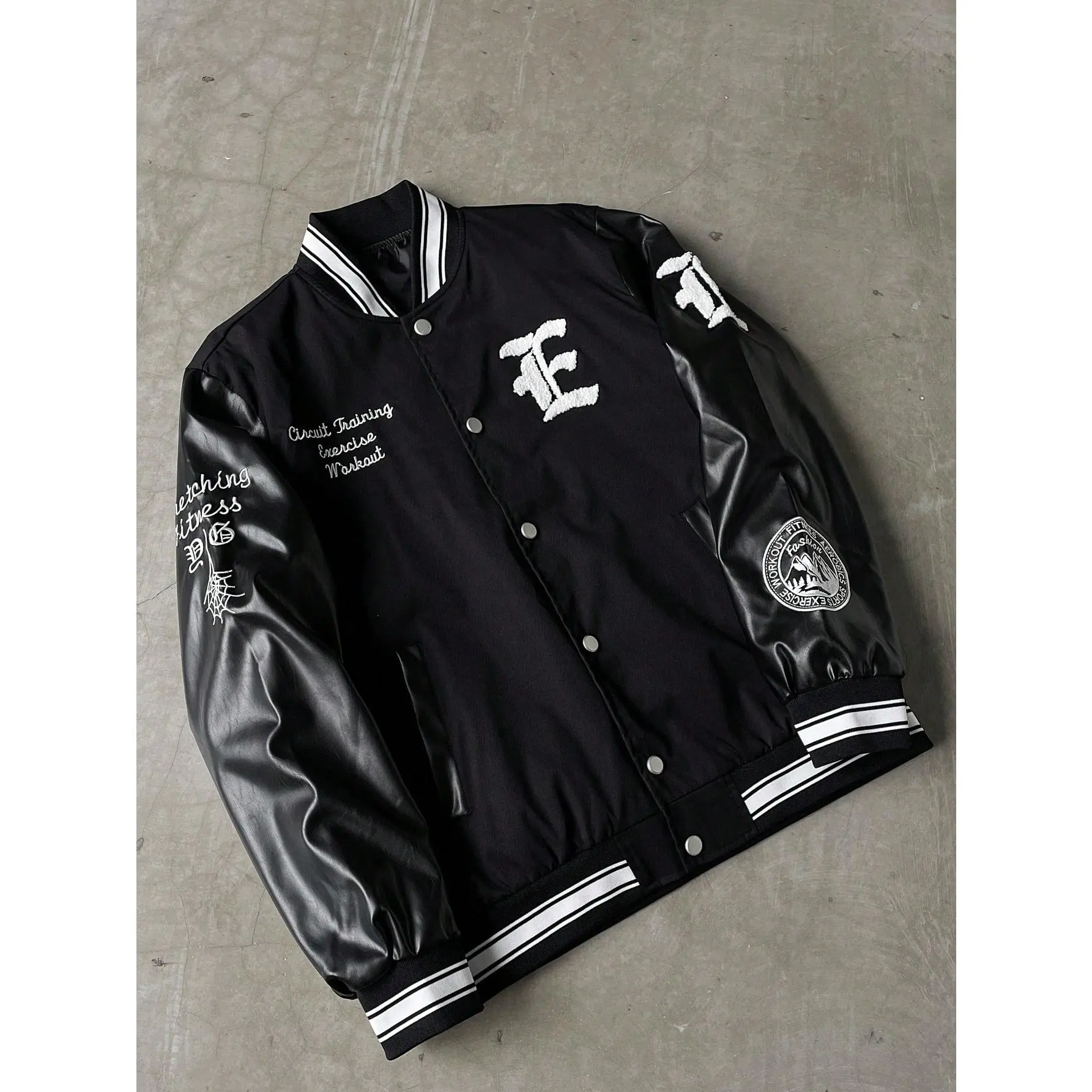 Men's Varsity Bomber Jacket with Letter Print, Faux Leather Sleeves and Contrast Trim, Polyester Streetwear Outerwear with Pockets, Fashion, Menswear, Coats, Button Front, Soft, Long, Shorts
