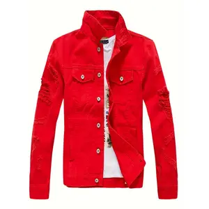 Men's Slim Fit Distressed Cotton Denim Jacket - White Ripped Motorcycle Style With Flap Pockets, Long Sleeve Casual Outerwear For Casual Attire