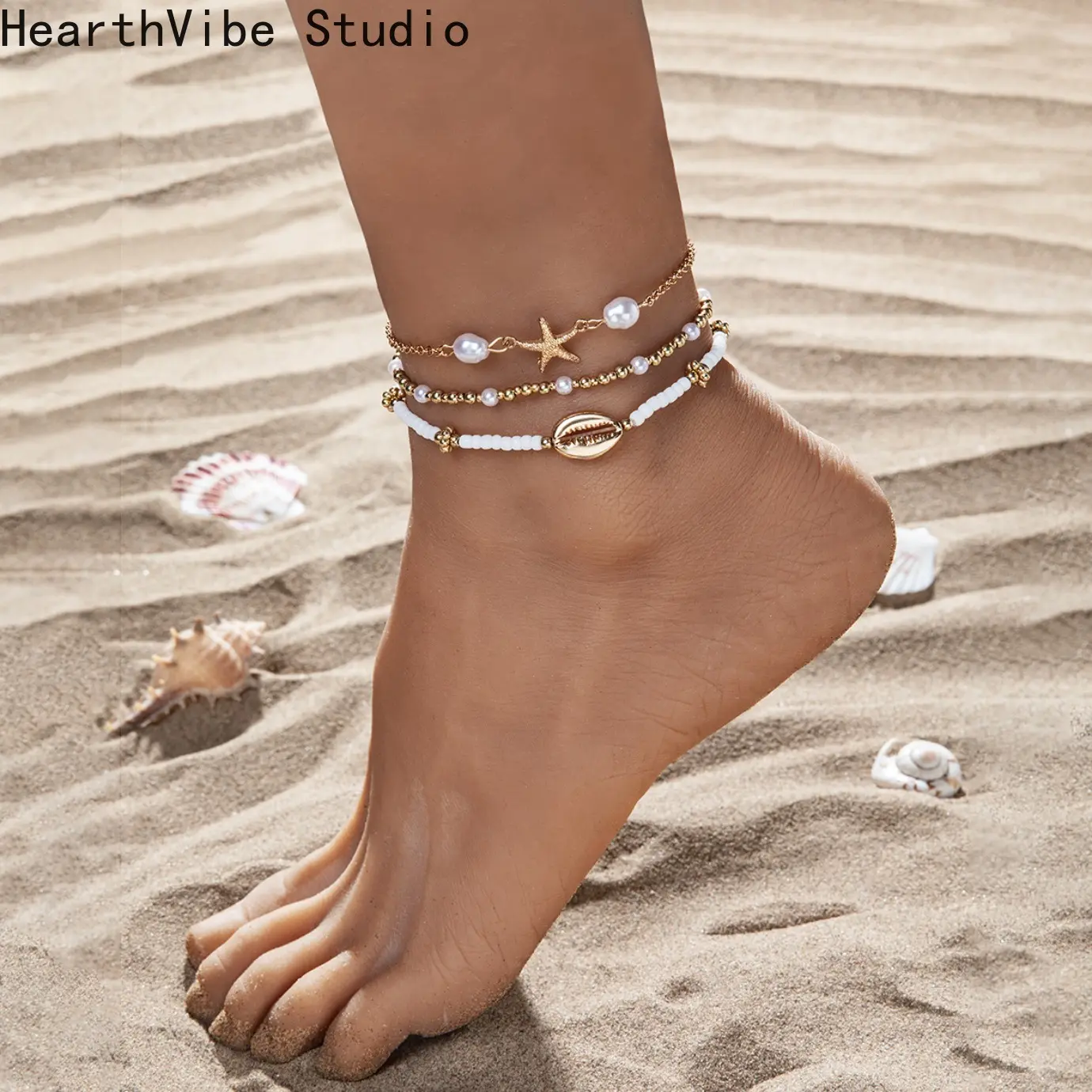 HearthVibe Studio Beaded Adjustable Anklet - Boho Style Jewelry, Multi-Layered Vintage Design, Starfish Motif Glass Beads, Alloy Elastic Line, Ideal Beach Gift for Outdoors Enthusiasts
