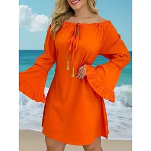 Women'S Off Shoulder Tassel Dress, Casual Solid Color Polyester A-Line Dress with Drawstring Detail, Woven Fabric, Spring/Fall Apparel, 100g/m2 - Bright Orange