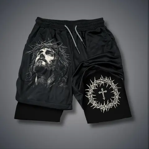 Christianity Jesus jorts outfit men 80s 90s short shorts summer camo shorts  graphic sweatshorts men gifts