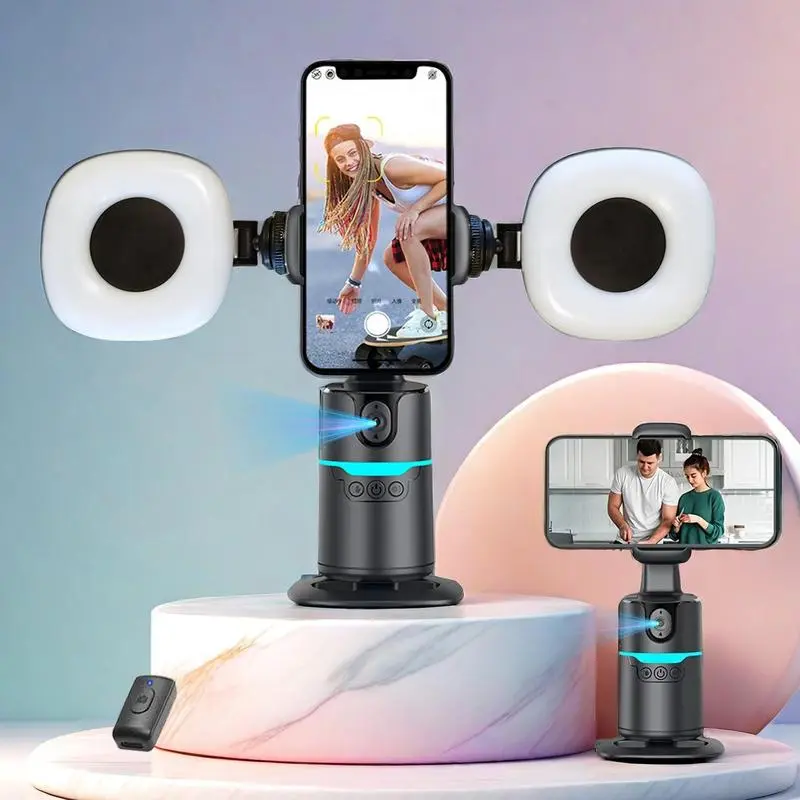 360-degree Rotatable Selfie Stick, Smart Face Tracking Phone Gimbal Stabilizer with 2 Rechargeable Fill Lights, Phone Accessories for Video Recording, Selfie Stand