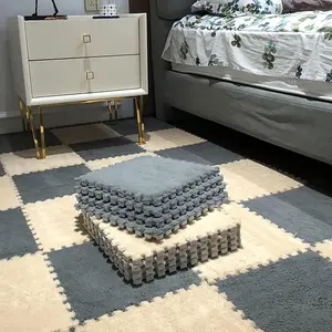 10pcs Plush Puzzle Foam Floor Mat, Soft Fluffy Interlocking Square Foam Tiles Area Rugs Carpet for Parlor Bedroom Decoration(11.8x11.8in, Green&White)