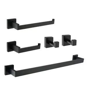 Wall Mounted Bathroom Hardware Set 5 Pieces Square SUS304 Stainless Steel Bathroom Accessories Set in Matte Black, Brushed Nickel, Brushed Gold