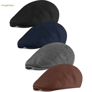 FringeFlutter 4 Pieces Newsboy Men's Hat Set - Dark Grey, Navy Blue, Black, Brown - Soft Stretch Fit Cabbie Hunting Cap for Outdoor Daily Use - Premium Fabric, Breathable, Lightweight, Adjustable Elastic Cord