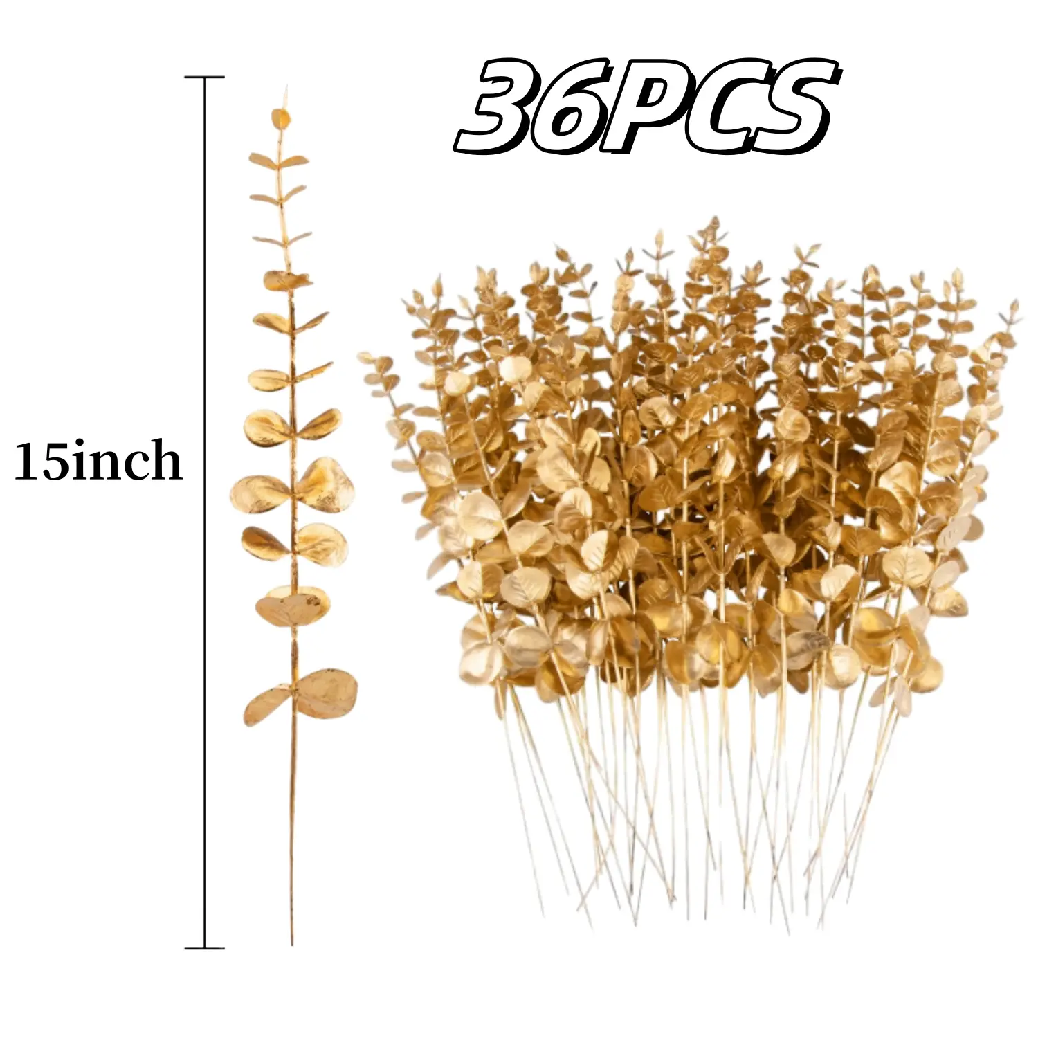 36 Pcs Gold Artificial Eucalyptus Stems 15'' Faux Eucalyptus Leaves Decor Fake Greenery Branches for Xmas branchs Decor Wedding Bouquet Centerpiece Flower Floral Arrangement Home Decoration