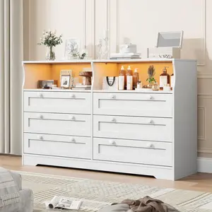 Garvee White Wooden Dresser with 6 Drawers, Large Changing Table with Power Outlet and LED Lights, Modern 6-Drawer Wooden Changing Table, 55-Inch Wide