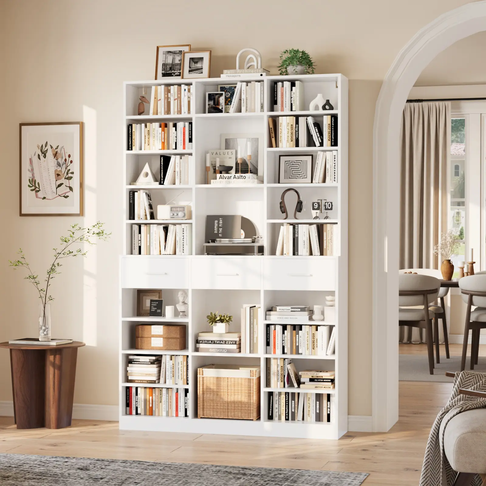 Tall MDF Wood Large Bookshelf with 3 Drawers and Adjustable Shelves - 8 Customizable Storage Spaces, Heavy Load Home Organizer for Living Room, Home Office Storage Rack