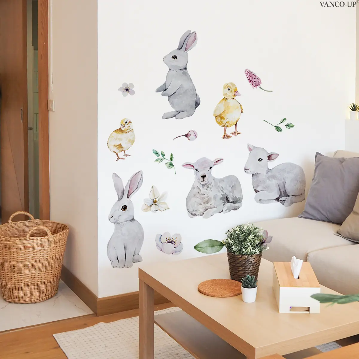 A (30*90cm) 2D wall sticker featuring a rabbit, lamb, and duck for decorating home living rooms, hallways, bedrooms, and bathroom feature walls - M20915