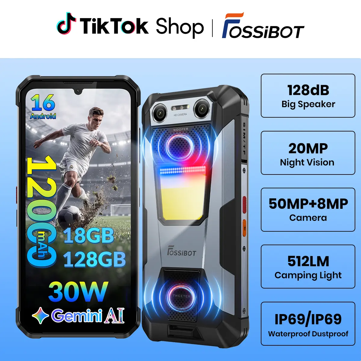 FOSSIBOT F106 Plus Rugged Mobile Phones, 12000mAh Big Battery, 30W Fast Charging, Android 15, 18GB+128GB/2TB Storage, 512LM Camp Light, 128dB Double Speaker, 50MP+20MP Night Vision Camera, 4G Dual SIM, NFC,back to school,back to school haul