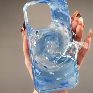 Clear Blue Swirl Glitter Case with Koi Charm for i-Phone16 Pro Max 15 Pro Max 14 Pro Max 15 Plus 14 Plus 16 Pro16 14/13