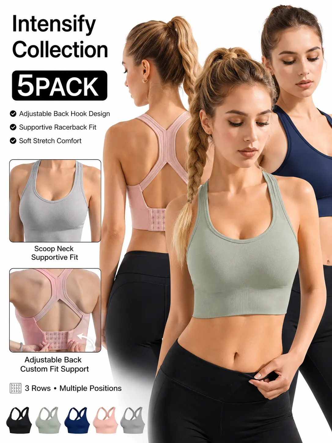 Supportive Gym Bra 5-Pack, Women's Plus Size Seamless Wireless Racerback Bralette with Padded Support for Yoga & Gym