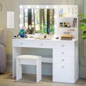VOWNER 47 in Modern Wood Makeup Dressing Desk with LED Light, Outlet, Mirror, Storage Shelves, 6 Drawers, 3-Color Lighting & Stool for Bedroom, White