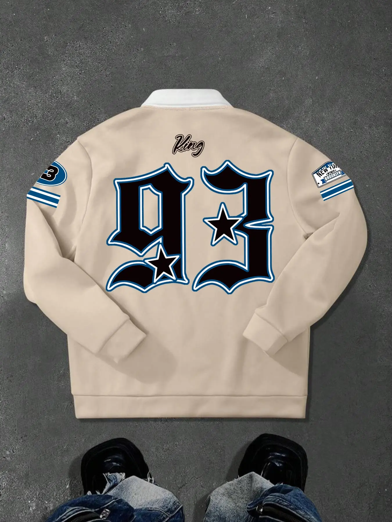 Men's 93 King Letter Print Varsity Jacket, Vintage Streetwear Baseball Bomber Coat with New York Patches #VarsityJacket #StreetwearFashion #BaseballJacket #TikTokFinds