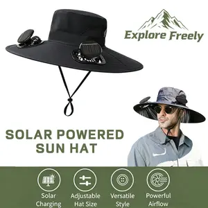 Unisex Wide-Brim Bucket Hat - Summer Cooling Tech with Dual Solar Fans, UPF 50+ Sun Protection, Washable Waterproof, Breathable Lightweight, Cool Airflow, Multi Ventilation, Universal Size,   Boyfriend Gift, beach essentials,Hat Adjustable Hat Size, hats