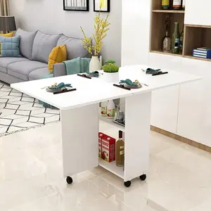 Folding Drop Leaf Dining Table with 6 Wheels and 2-Layer Storage Shelf, Space Saving Table for Small Spaces, 47.2 inch D x 23.6 inch W x 30.3 inch H, White