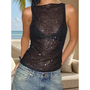 Women Sexy Sequin Tank Top Y2k Sparkly Glitter Crew Neck Sleeveless  Shirt ShinnyFit Vest For Club