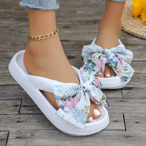 Women's Solid Color Eva Flip Flops, Thick Bottom Soft Bottom Foil Floral Bow Decoration Slippers, Non-Slip Beach Flip-Flops