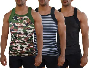 Square Cut G-unit Style Tank Top | Athletic Dry Fit Camo Stripe and Grey| Men's (3 Pack)