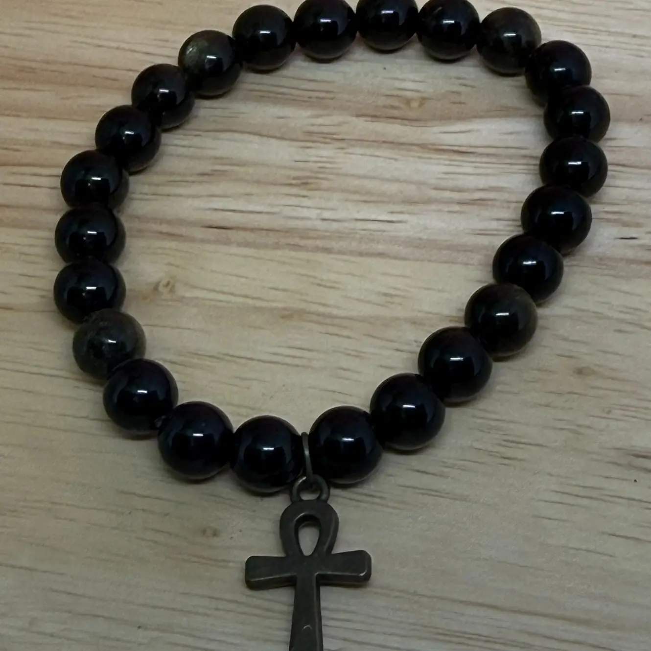 Natural Crystal Black Obsidian Ankh Bracelet - Boosts Focus, Trust, Courage, Strength - Modern Jewelry Accessory, Gemstone