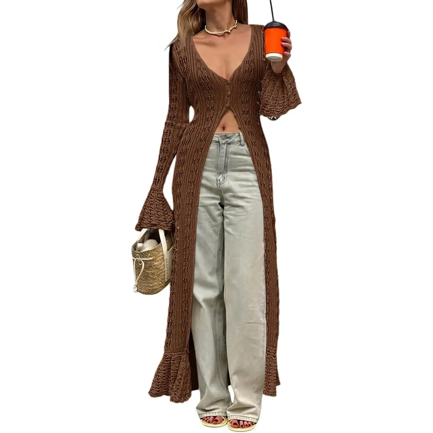 Womens Crochet Long Cardigans Boho Summer Maxi Lace Duster Coat