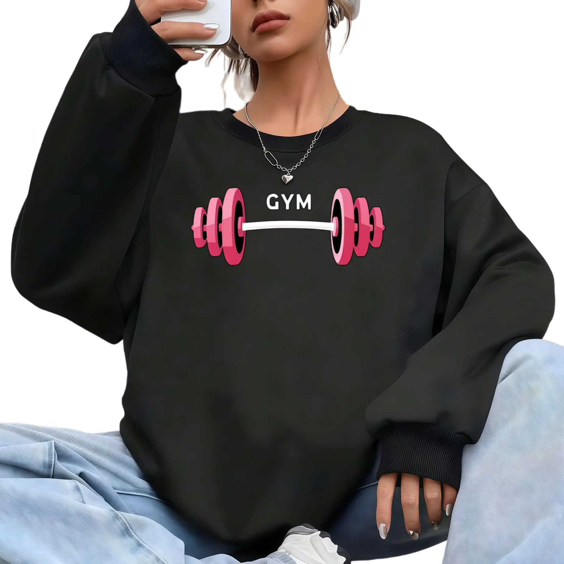 Women's Long Sleeve Gym Sweatshirt – Breathable, Comfortable Crew Neck Top with Dumbbell Graphic and GYM Lettering for All-Season Fitness and Casual Wear