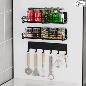 3 Pack Magnetic Spice Rack Organizer, Magnetic Spice Rack for Refrigerator with Metal Hooks, Magnetic Refrigerator Shelf Space Saver for Spice Jars and Seasoning Bottles