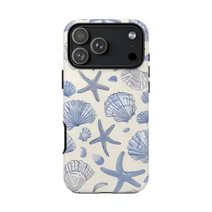 Coastal Blue Seashells Pattern iPhone Case – Blue Starfish & Shell Print Glossy Tough Case, Beachcore Ocean Aesthetic Phone Cover for iPhone X–17 Pro Max