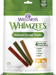 WHIMZEES by Wellness Stix Natural Dental Chews for Dogs, 3X Longer Lasting & Grain-Free, Freshen Breath & Fight Plaque & Tartar,Medium Breed, 14 Count