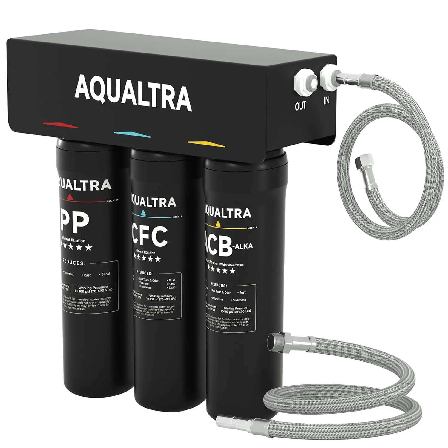 AQUALTRA  Slightly Alkaline Under Sink Filter System, 8K-32K Gal, Reduce PFOA, PFOS, Chlorine, Lead, Mercury, Chloramine, Fluoride, Microplastics Particles, Bad Taste & Odor