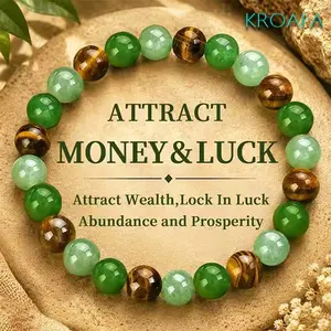 KROAFA wealth bracelet featuring natural Dongling jade, green quartz, and tiger’s eye—a lucky bracelet that attracts wealth, locks in good fortune, and brings abundance and prosperity; a blue friendship beaded protective bracelet, ideal as an encouragemen