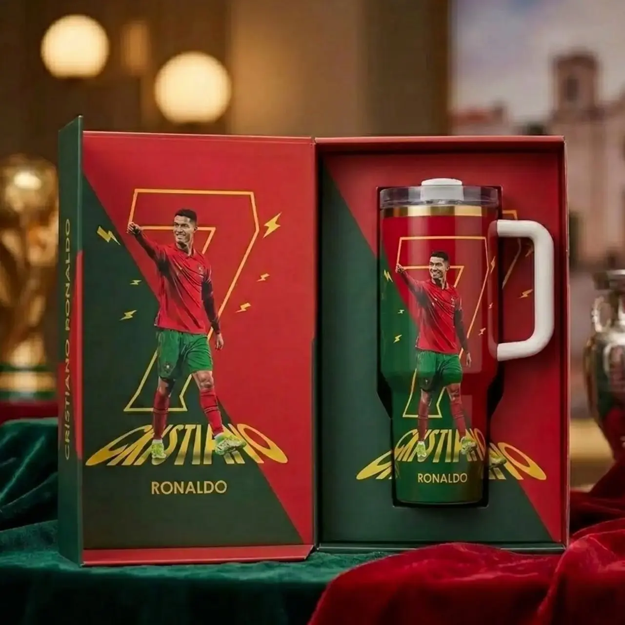 Ronaldo #7 Portugal Soccer Tumbler 40oz With Handle, Ronaldo Stainless Steel Travel Mug, Football Insulated Cup With Straw, Gift For Ronaldo Fans