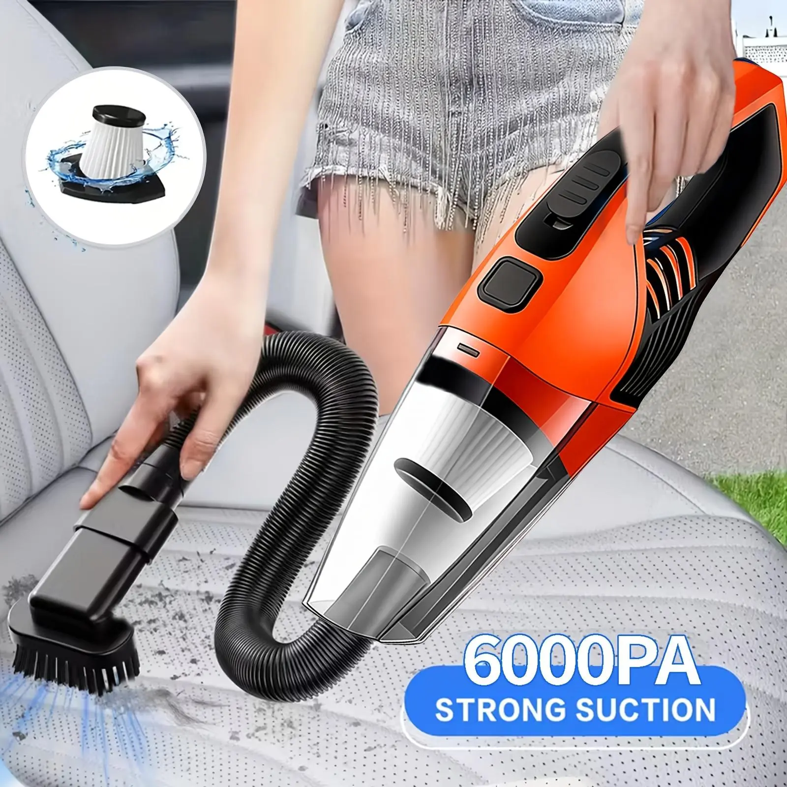 Car vacuum cleaner, powerful handheld wireless vacuum cleaner, 6000Pa strong suction power, USB rechargeable, long battery life, suitable for cars, homes, and offices, ideal for cleaning pet hair cordless