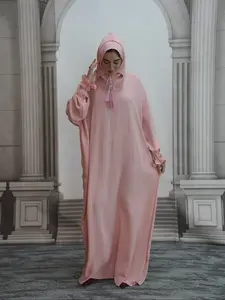 Middle East Fall Winter Hooded Drawstring Plus Size Fashion Solid Color Dress, Loose Fit Lantern Sleeves Long Robe for Daily Wear