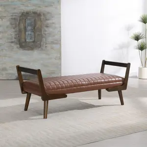 52" Mid Century Bench with Walnut Wood Leg,  Channeled Upholstered Footrest Stool for Kitchen,  Living Room,  Bedroom,  Entryway,  End of Bed. PU Cognac,  Light Brown