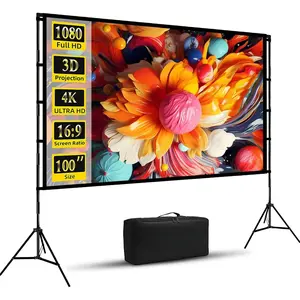 Projector Screen with Stand, 100 inch Foldable and Portable Projection Screen 16:9 4K HD Rear Front Wrinkle-Free Movie Screen with Carry Bag for Indoor Outdoor Home Theater Backyard Cinema