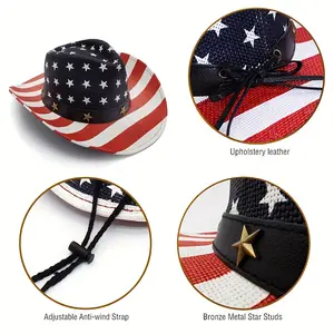 Western Cowboy Hat American Flag Straw Hat Outdoor Sun Hat with Wide Brim Straw Hat Independence Day Flag Printing Cowboy Hat