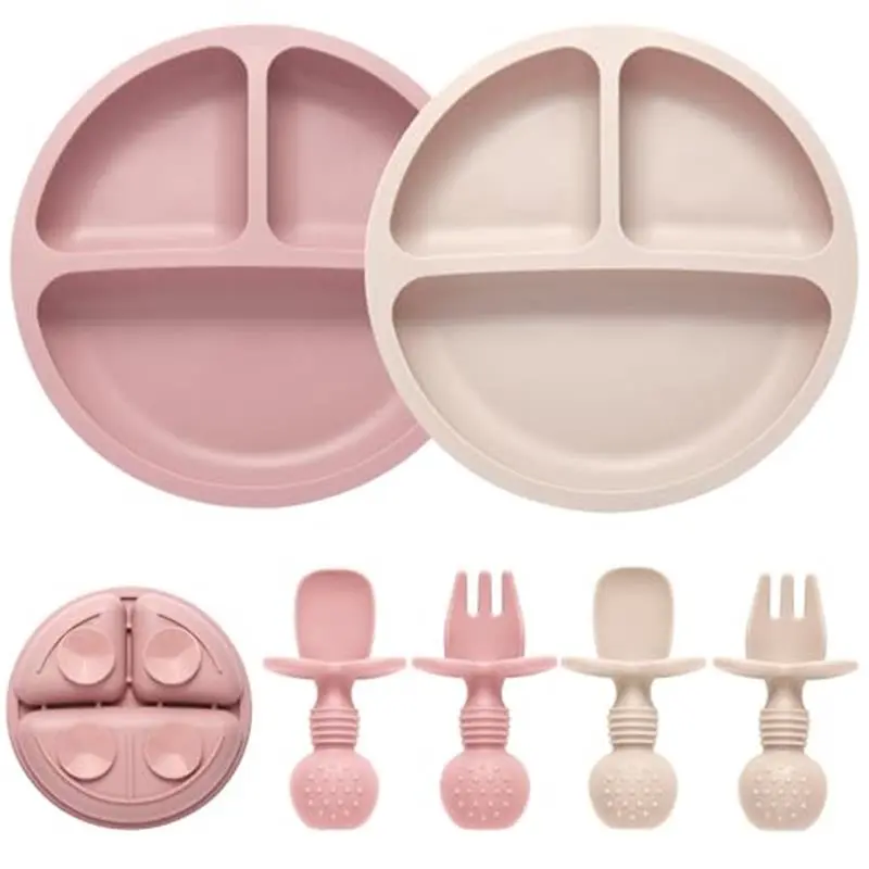 Food-Grade Silicone Toddler Feeding Set - 2 Rectangle Colorful Divided Suction Plates, 2 Easy-Grip Handle Utensils (Spoons & Forks), BPA-Free, Baby Led Weaning Supplies, Dishwasher Safe